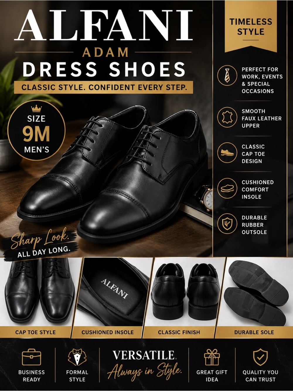 Alfani Adam Men’s Black Cap Toe Dress Shoes Size 9M